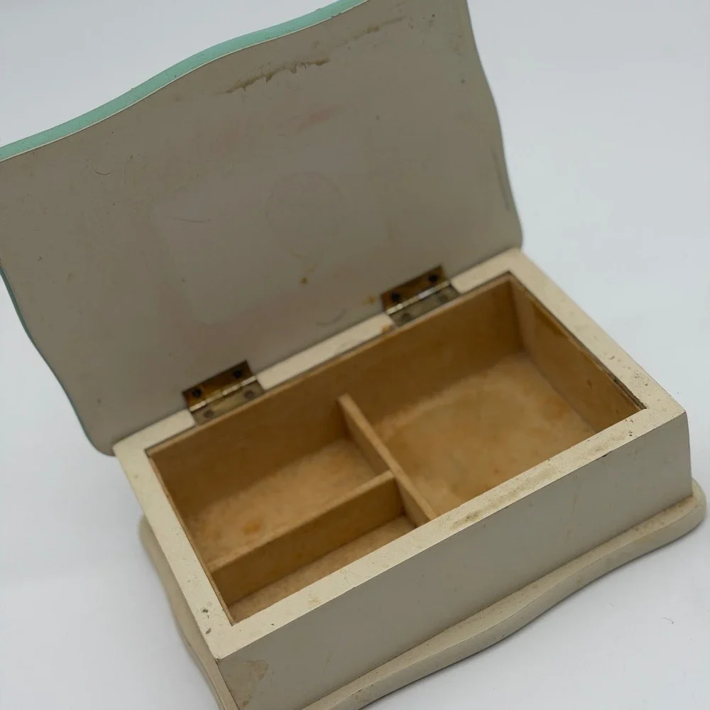Vintage Shabby Chic Wooden Jewelry Box Cream Teal Floral Bow Heart Detail Taiwan